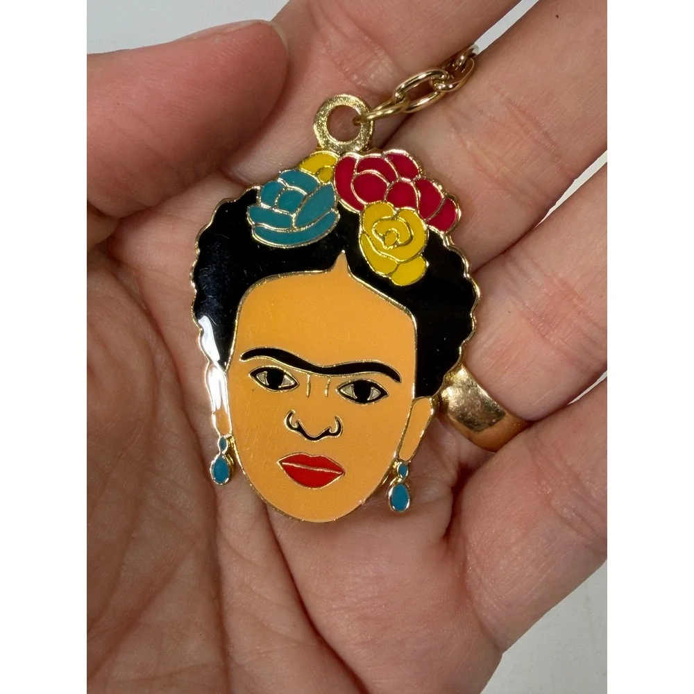 Frida Kahlo Enamel Portrait Keychain Gold Tone Floral Crown Art Accessory